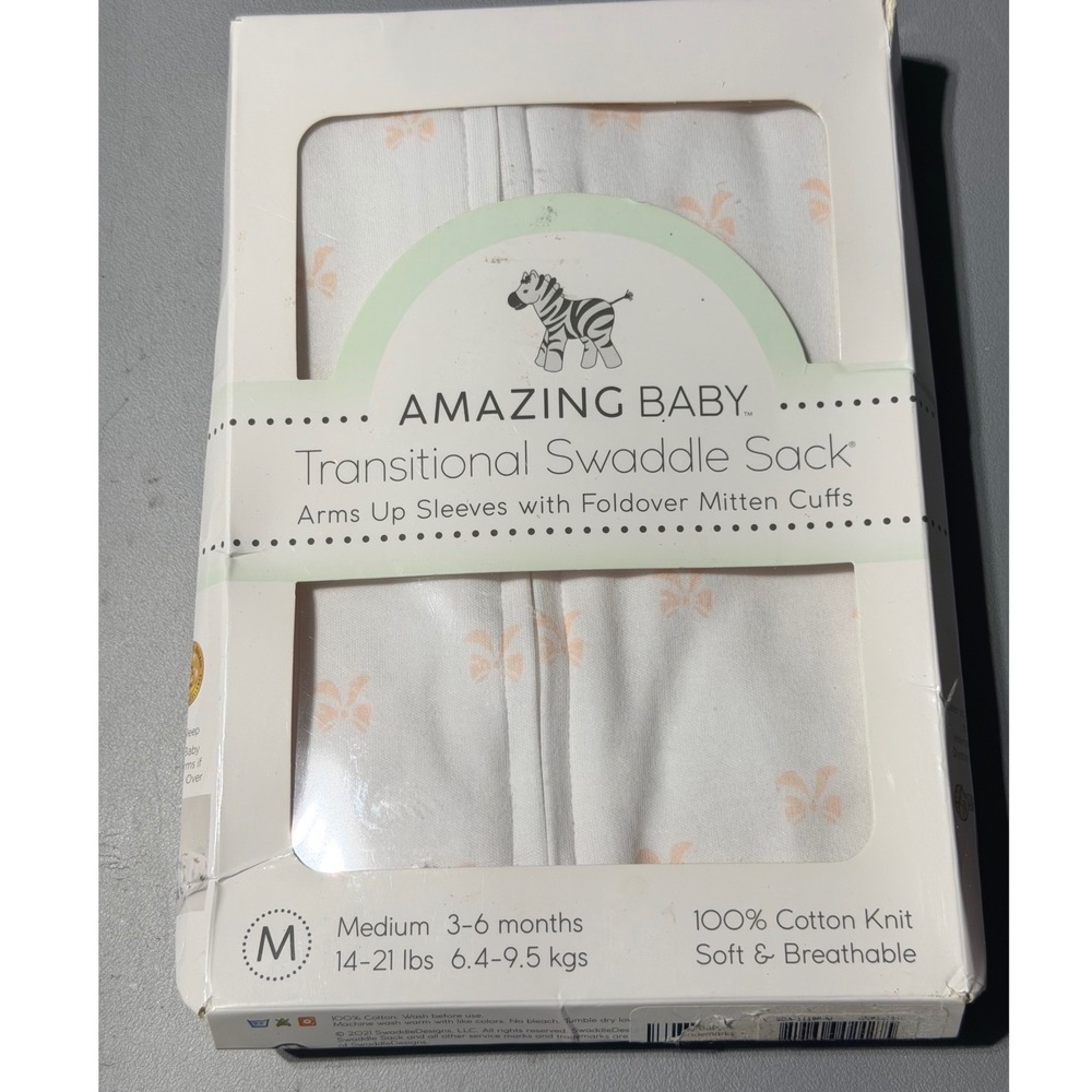 Amazing Baby Transitional Swaddle Sack Mitten Cuffs 3-6 Months White Bows